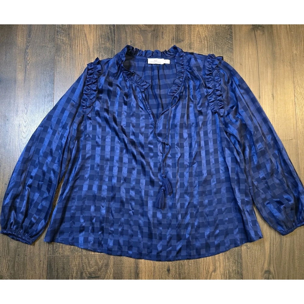 Vineyard Vines L Coastal Blue Buffalo Plaid Flutter Sleeve‎ Top Holiday Preppy